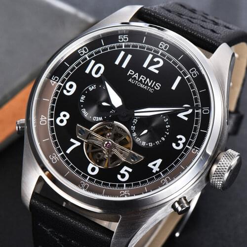 Parnis 48mm Black Dial Mens Automatic Watch Leather Strap Calendar Week Display Skeleton Tourbillon Mechanical Wristwatch Men