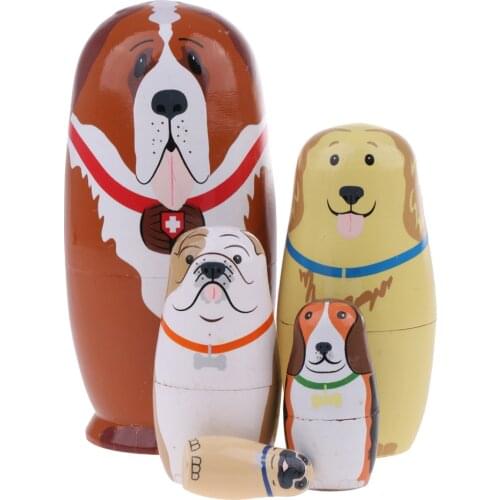 Set of 5PCS Dogs Puppies Printed Wooden Blank Russian Nesting Dolls Babushka Matryoshka Stacking Doll Kids Crafts