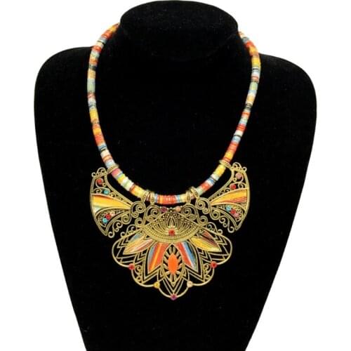 Bohemian Necklace Earring Set Chunky Enamel Multicolor Pendant Vintage Rhinestone Ethnic Choker Necklace Eardrop Dangler Kit