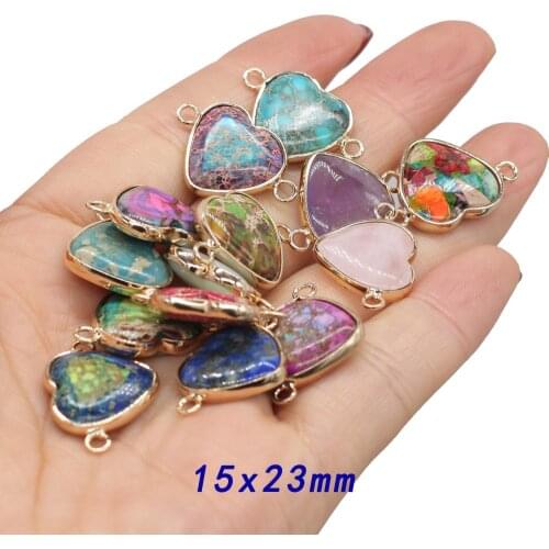 Natural Semi-precious Pendant Heart Shape Lapis lazuli Crystal Double Hole Connectors for Jewelry Making DIY Bracelet Necklace