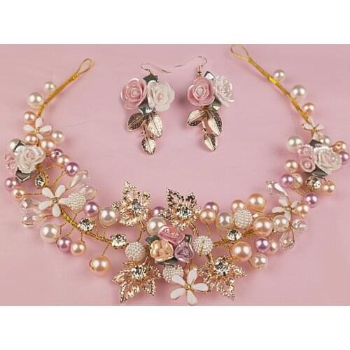 Gold Color Handmade Flower Headpieces Wedding Bridal Pearl Crystal Headbands For Bride Hair Accessories Jewelry tiara de noiva