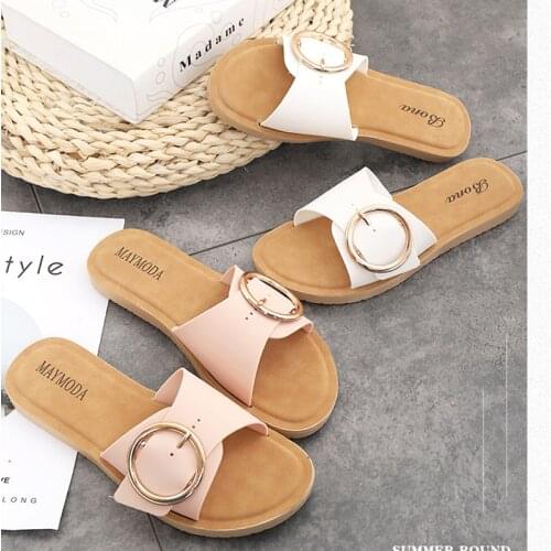 2021 Summer New Womens Flat Sandals Fashion Solid Color Buckle Slippers Open Toe Outdoor Beach Shoes Plus Size