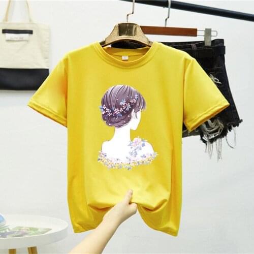 Trend College Women Summer Thin T-Shirts Couple Student Loose Casual Short Sleeve Tops Pretty Portrait Print Tees