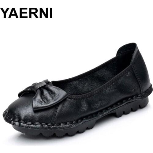 YAERNI Fashion Genuine Leather Women Shoes Flat Comfortable Soft Round Bowknot Non-Slip Cow Leather Casual Mother Shoes
