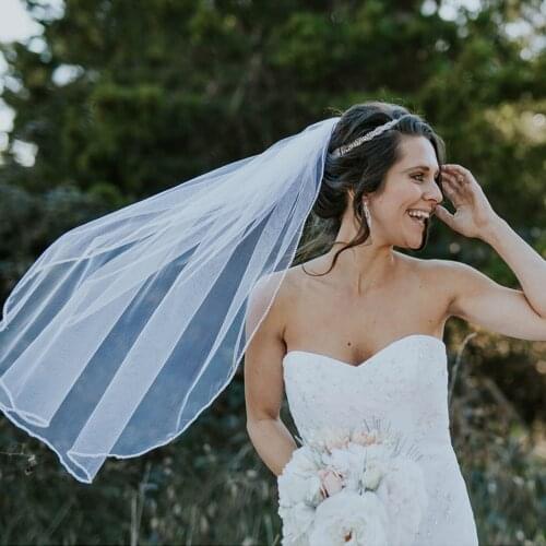 OLOMLB V34 White Ivory Bridal Veil One Layer Bead Edge Elbow Length Wedding Accessories Veil with Comb