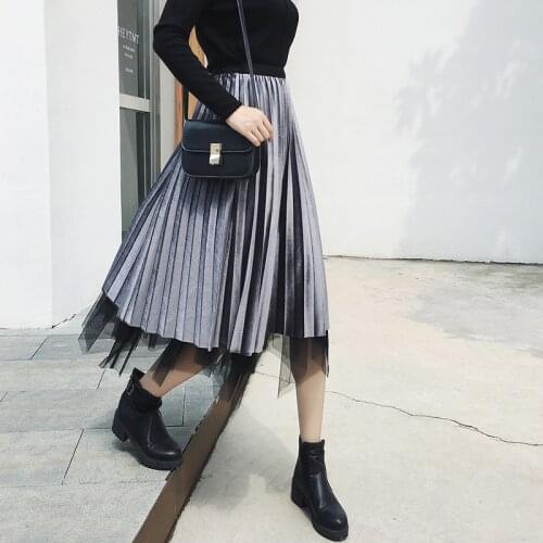 Golden Velvet Pleated Skirt Women Spring Autumn Irregular Mesh On Both Sides Wear High Waist Skirts Womens