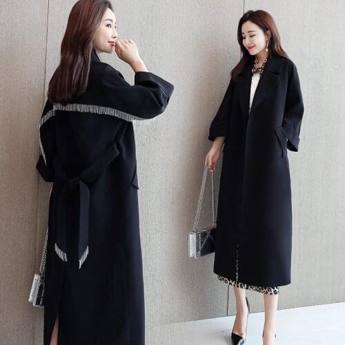 Tassel Trench Coat 2019 New Fashion Long Windbreaker Female Autumn and Winter Coat Thickening Suit Collar Bandage Outwear f2296