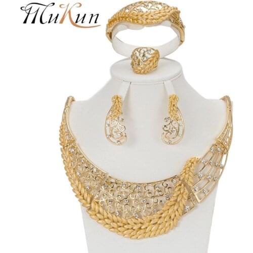 MUKUN Latest Trendy African Beads Jewelry Sets Gold Color Dress Accessories Women Wedding Necklace Bracelet Earring Ring Set