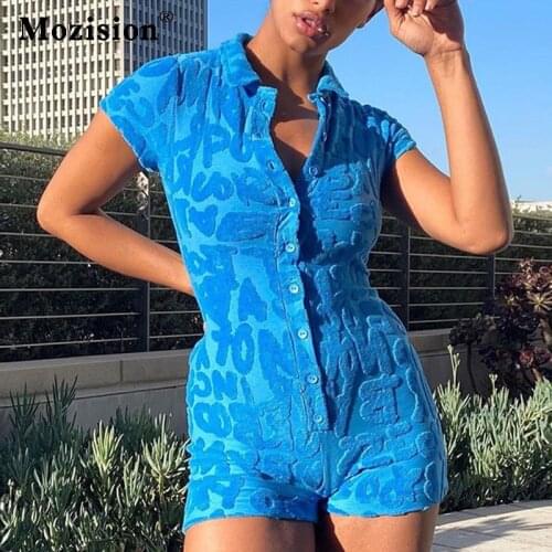 Mozision Short Sleeve Single Breasted Playsuit Women Summer Turn-down Collar Sexy Skinny Rompers Ladies Slim Beach Bodysuit