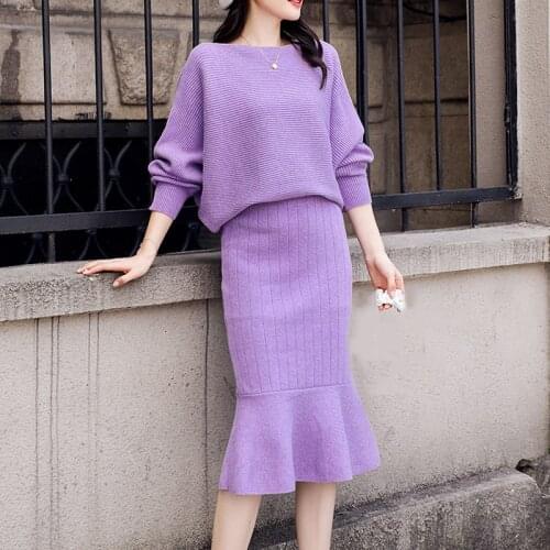 2021 Spring Autum Women Knitted 2 Piece Sets Slash Neck Bating Sleeve Sweater Top+ Ruffle Pencil Skirts Suits