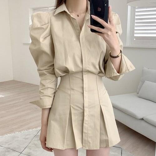 Vestidos Mujer Autumn Casual All-match Khaki Lapel Single-breasted Pleated Long-sleeved Shirt Dress Mini Robe Loose White Black