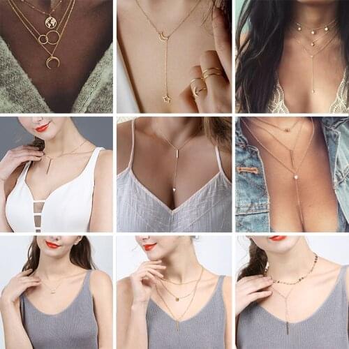 Simple Fashion Chain Necklace Bohemian Multilayer Female Clavicle Star Moon Gold Color Chokers Pendant Necklace Women Jewelry