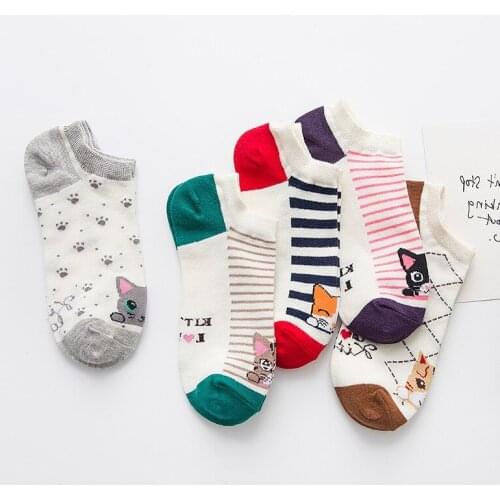5 Pairs/Set Kawaii Animal Women Socks Cute Funny Cartoon Cat Striped Cotton Socks for Female Girls