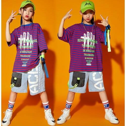 Kids Ballroom Hip Hop Clothing Stripe Oversized T Shirt Top Streetwear Summer Cargo Shorts for Girls Boys Dance Costume Clothes