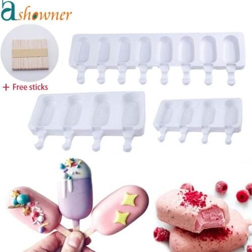 Showner 4Grid-8 Grid Big Size Ice Cream Mold Silicone Thick Material DIY Molds Ice Cube Moulds Dessert Molds Tray With Popsicle