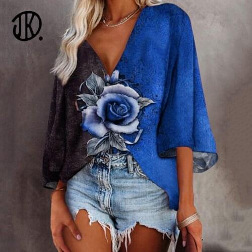 Deep V-neck Rose Flower Printed T-shirt Spring Casual Plus Size Top Ladies Oversized Pullover Half Sleeve Streetwear 5XL Clothes