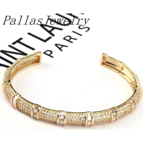 3Pcs Fashion Iced Out Bling Cubic Zircon Baguette Open Cuff Bangle Gold Pating Brass Mens Hiphop CZ Cuff Bangle Bracelet