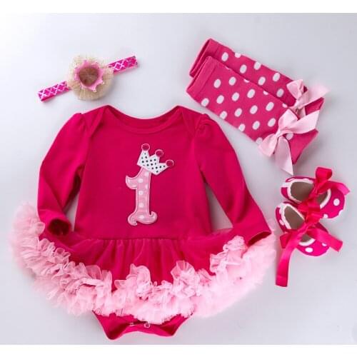 4PCs Baby Girls Cotton Rromper Ruffle TUTU Dress Baby Clothing Vestidos Dress Dots Shoes Crown Headband Dots Leggings