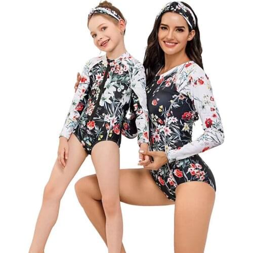 Flowers Women Kids Swimming Bodysuit Mommy and Me Swimwear Clothes Mother Daughter Swimsuits Family Matching Outfits Long Sleeve