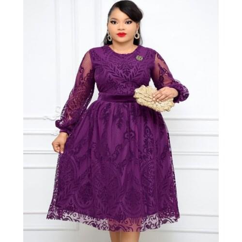 Fashion Purple Hollow Out Printi Round Collar Ruffles Plus Size Casual Dress For Women Without Belt