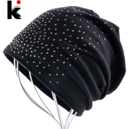 Fashion Skullie Rhinestone Beanie Hats For Women Solid Color Skullies Beanies Female Casual Cotton Bonnet Caps Ladies Gorras