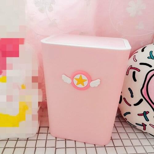 Cartoon Card Captor Sakura Pink Plastic Waste Bin With Lid Kitchen Household Cute Large Ashbin Bucket Creative Pressed Trash Can