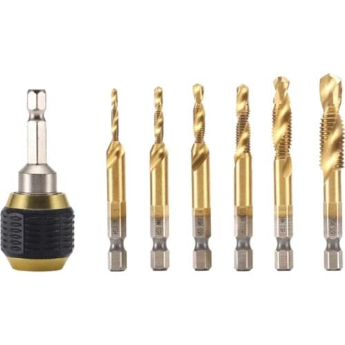 7Pcs Titanium Combination Drill Tap Bit Set Portable Screw Tapping 1/4 Hex Shank Drill Quick Change Chuck Drill Tap Bits