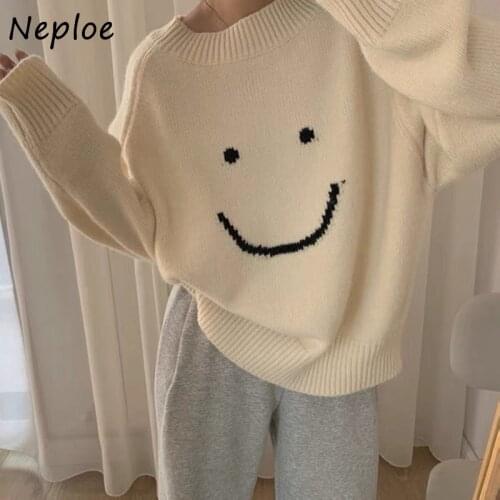 Neploe 2021 New Korean Style Women Sweaters Autumn Winter Loose O-neck Smile Print Pullover Female Casual Long Sleeve Knit Tops