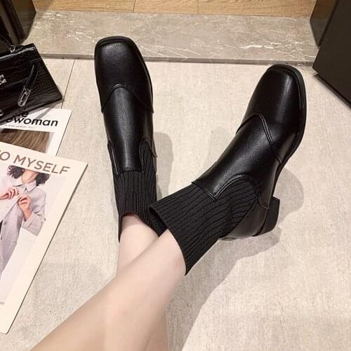For New autumn and winter boots thick mid-heel square toe short boots womens knitted thin thin socks boots elastic