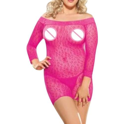 New Pink Long Sleeve Lingerie Sleepwear Hollow Out Valentine Day Lace Plus Size XXL Transparent Lingerie Nightwear W846028B