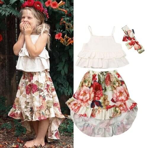 3PCS Baby Girl Clothes Toddler Baby Girl Summer Clothes Solid Strap Tops+Floral Skirt Headwear Outfits Girls Clothing
