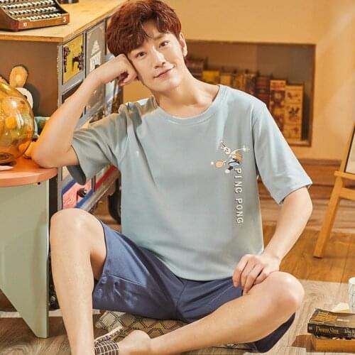 Print Pure Cotton Mens Pajamas Cartoon Short Sleeve Sleep Tops Summer Loose Casual Home Clothes Thin Round Neck Pyjama 2Pcs/set