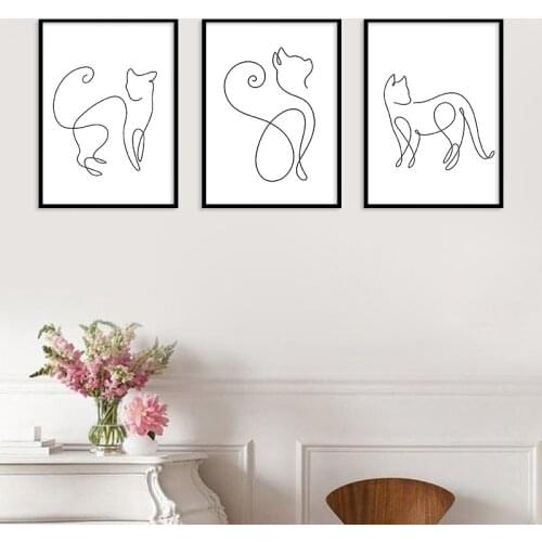 Nordic Minimalist Black and White Line Animal Cat Canvas Painting Modern Home Decor Wall Art Poster Living Room Mural Frameless