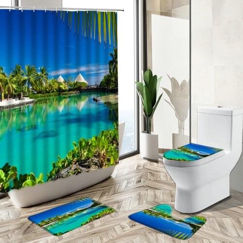 Tropical Ocean Scenery Shower Curtain Resort Summer Green Plant Palm Natural Landscape Non-Slip Rug Toilet Cover Bath Mat Set