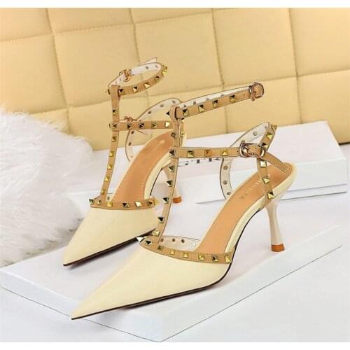 Roman Female Sandals Rivet Buckle PU Leather Pointy Toe Women Shoes Summer Fine with high-heeled Pump Hollow Sexy Nightclub Word