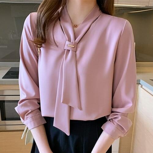 2021 Spring New Fashion Chiffon Women Blouse Office Lady Long Sleeve Women Shirts Solid with Tie V Neck Loose Female Clothing