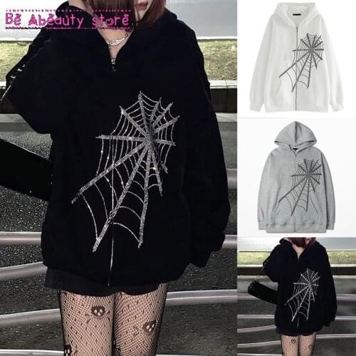 Rhinestone Skeleton Butterfly Spider Web Zip Up Oversized Hoodie Goth Hoodies Women Hooded Jacket Streetwear Vintage Sweatshirt