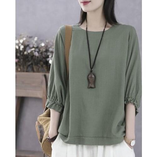 Women Spring Summer Style Blouses Shirts Lady Casual Three Quartz Sleeve O-Neck Loose Style Blusas Tops ZZ0196