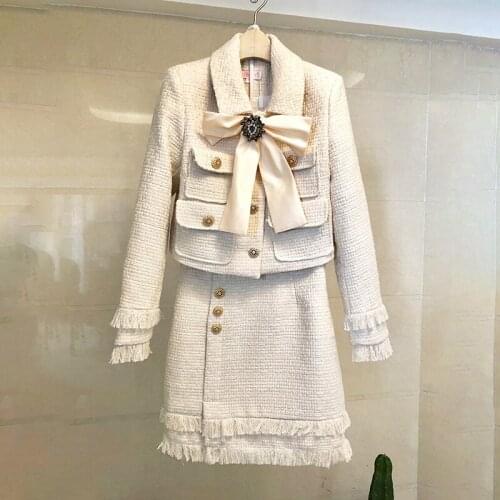 Luxury Plaid Tweed Two Piece Set Women Bow Wool Tweed Jackets + High Waist Zipper Tassel Mini Skirts Set Crop Jackets Suit A504