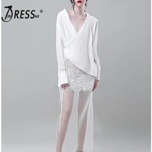 INDRESSME 2019 New V Neck Long Sleeves Lace Up Top Feminine Lace Women Mesh Bodycon Midi Skirt Two-piece Set