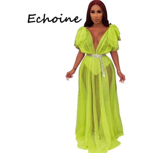 Echoine Sexy Sheer Mesh Long Dress Open Up Deep V-neck See Through Backless Solid Color Dresses Woman Party Night Vstidos