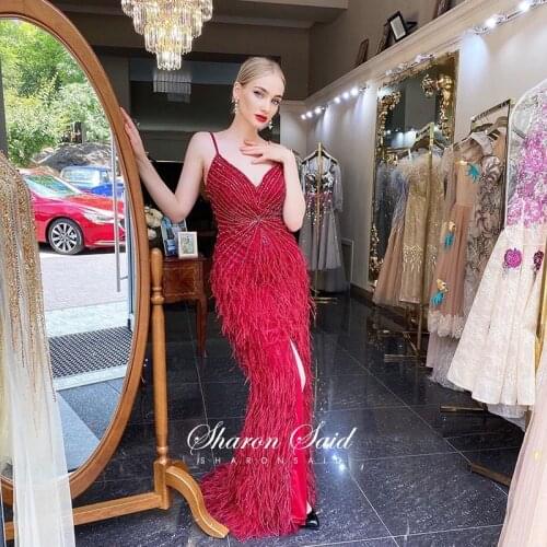 Luxury Black Mermaid Evening Dresses with Feather Sexy Spaghetti Straps Side Slit Prom Dress for Women Long Wedding Party Gowns