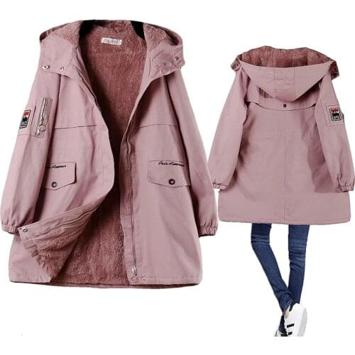 Winter Fleece Women Parka Hooded Mid Length Loose Warm Coat Padded Pink Blue Female Windbreaker Jacket