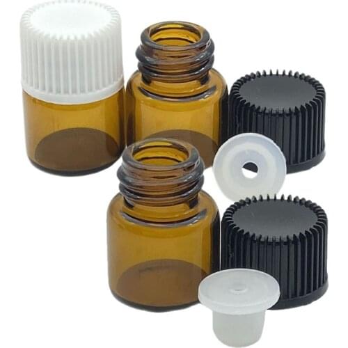 100pcs 1ml Perfume Sample Amber Glass Bottle with Orifice Reducer and Cap 1/4 Dram Mini Essential Oil Vials