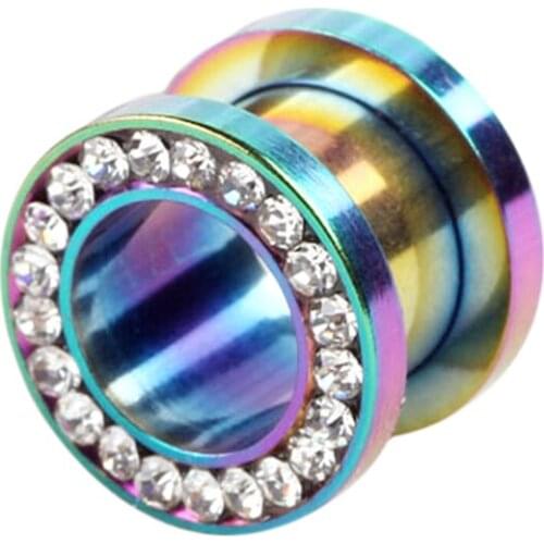 2pcs/lot Stainless Steel Rainbow Rhinestone Gem Ear Plug Tunnel Gauges Expander Body Jewelry P1020