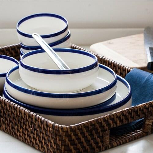20pcs/set chinabone blue edge Ceramic bowl plates dinnerware sets kitchenware rice bowl dishes salad bowl plates fruit tray