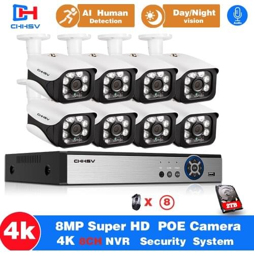 8Ch 4K Ultra Hd Cctv Camera Security System 8MP Video Surveillance Kit H.265 Outdoor Audio Record Poe IP Camera NVR Set