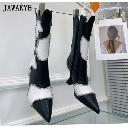 Modern Milk Cow Women Chelsea Boots Pointy Toe Strange Heel Women Ankle Boots Crystal Decor Real Leather Runway Party Shoes