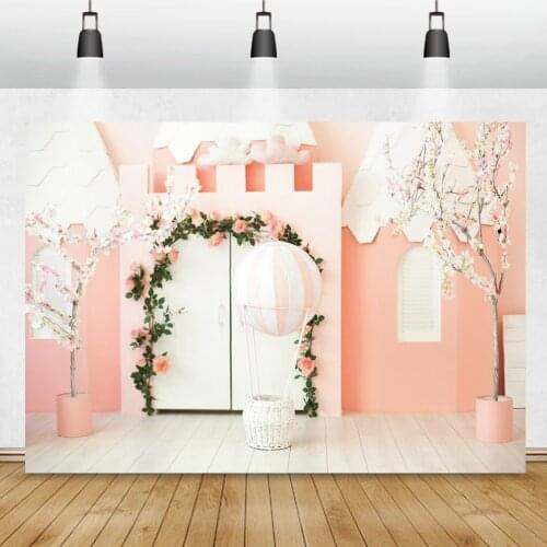 Photo Backdrop Castle Garden Trees Flowers Hot Air Balloons Scene Child Girl Princess Photozone Photography Background Photocall