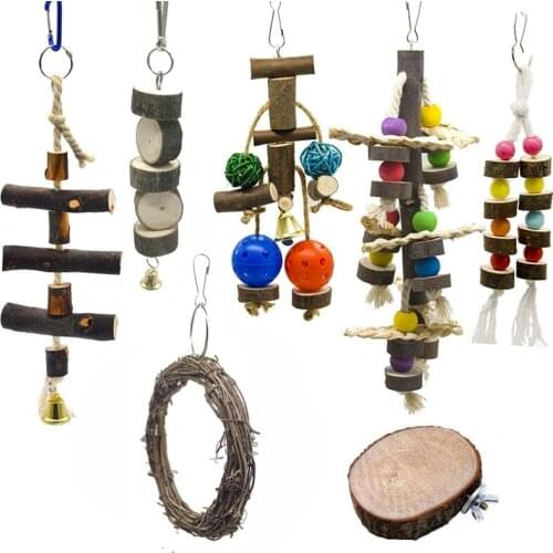 7 Packs Bird Parrot Swing Chewing Toys Natural Wood Blocks Parrot Tearing Cage Toys Best for Finch,Budgie,Parakeets